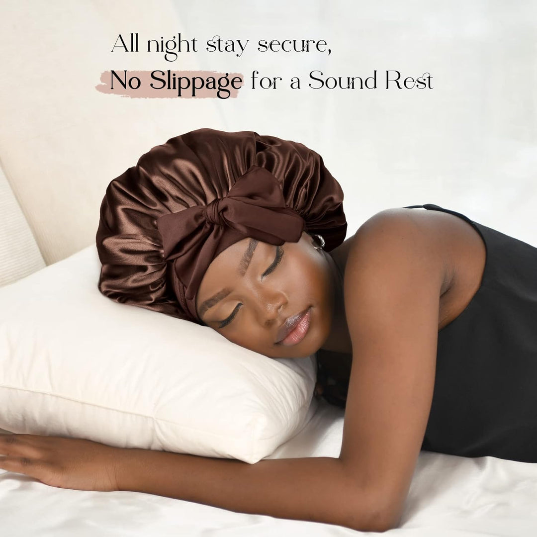 Silk Sleeping Bonnet for Women | Double Layer Satin Lined | Curly Hair, Black