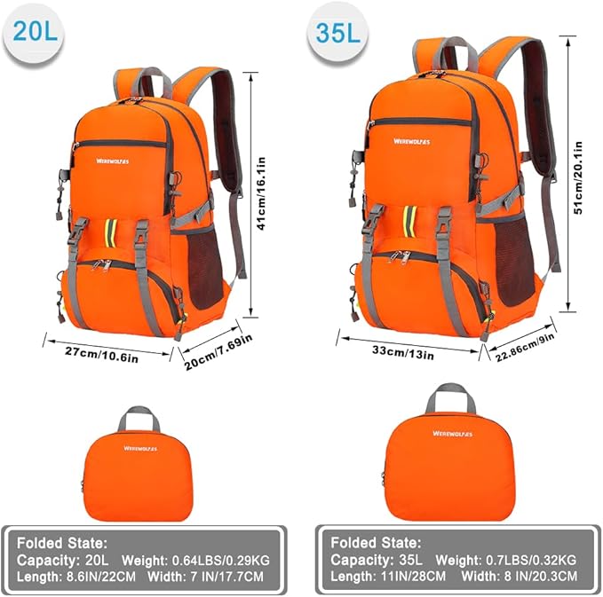 WEREWOLVES 20/35L Lightweight Hiking Backpack, Ultralight Water Resistant Packable Daypack for Women Men