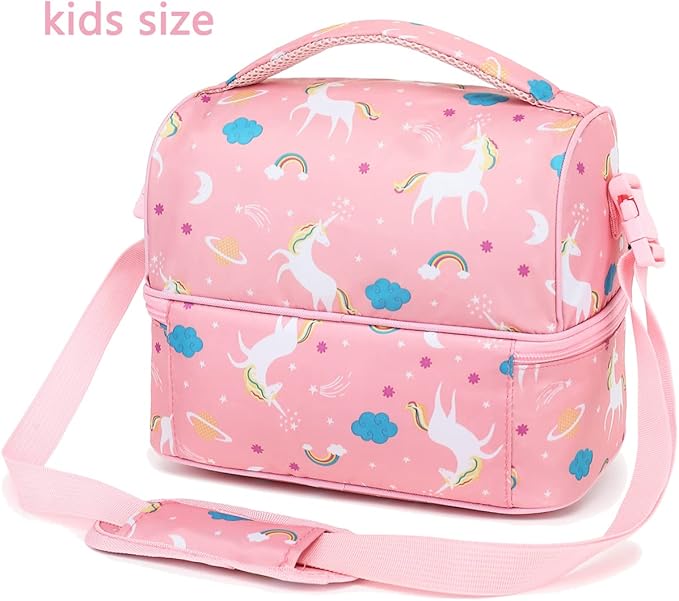 FlowFly Kids Double Decker Cooler Insulated Lunch Bag Large Tote for Boys, Girls, Men, Women, With Adjustable Strap, Unicorn