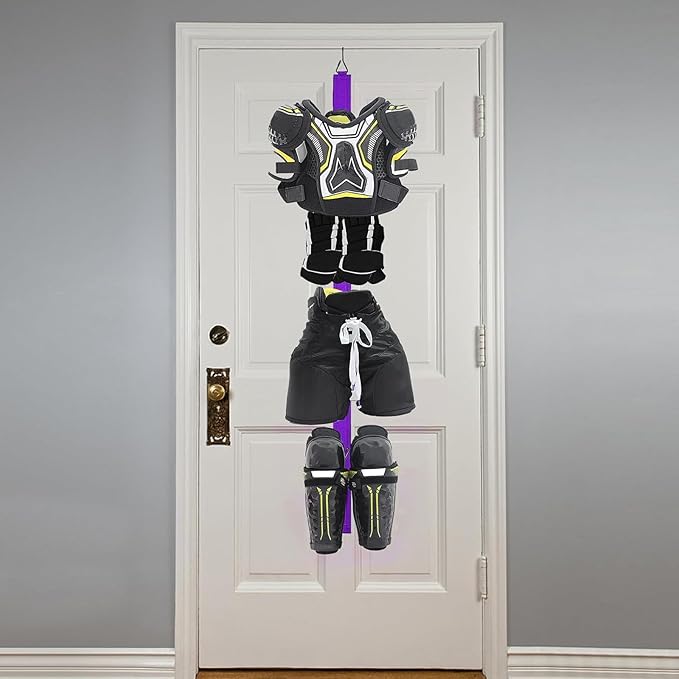 Hockey Hanger Portable Hanging Dryig Rack Hockey Gifts for Home and Outdoor Using in Ice Hockey Skating Football Camping Fishing 5 Hooks (Purple)