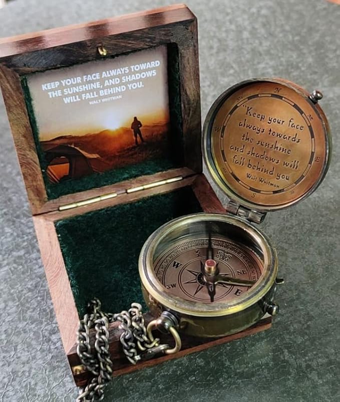 Keep Your Face Always Toward The Sunshine, and Shadows Will Fall Behind You Engraved Compass with ‎Wooden Box, Camping Compass, Graduation Day Gifts for Son, Love, Sister, Husband, Wife, Fiancé.