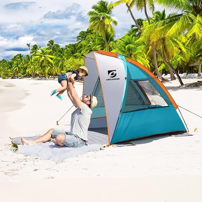 Beach Tent 2-3 Person Sun Shelter UPF 50+ with Extended Waterproof Pe Floor & 3 Mesh Roll Up Windows Fits, Portable Beach Shade Easy Setup for Outdoor Camping, Indoor, Fishing, Yard. (Blue)