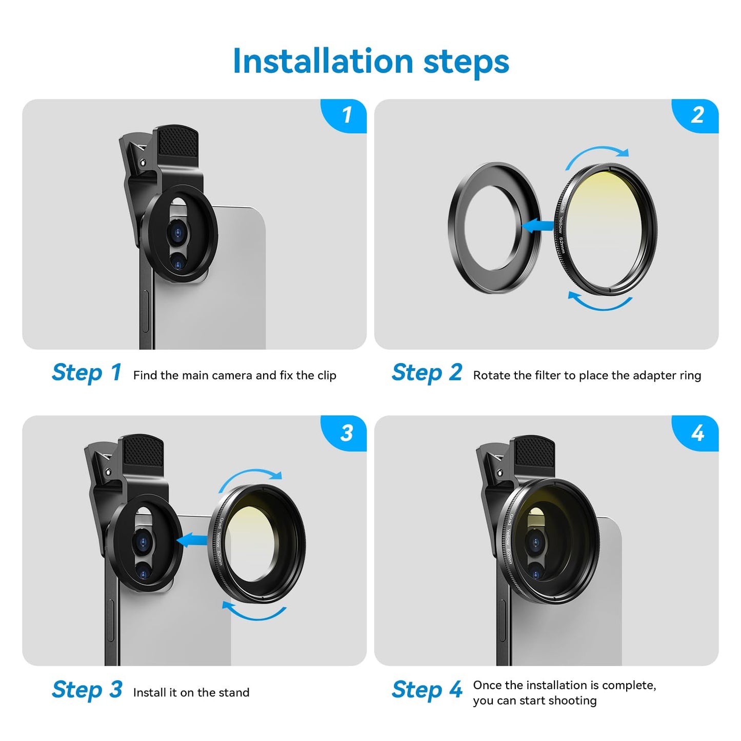 APEXEL 52 mm Phone Filters,Camera Filter Kit 7 in 1,CPL,ND32,Star Filter,4 Gradient Filters (Blue, Yellow, Orange, Red),Suitable for Mobile Phones and 52mm Cameras