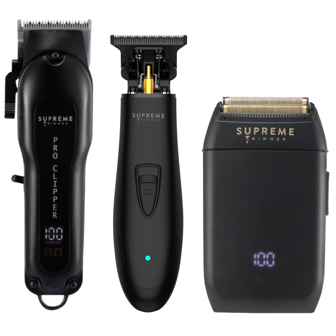 Supreme Trimmer 3-in-1 Barber Bundle | Pro Clipper, T-Shaper Trimmer & Crunch Foil Shaver | Professional Beard Trimmer Men’s Hair Clipper Kit | Black