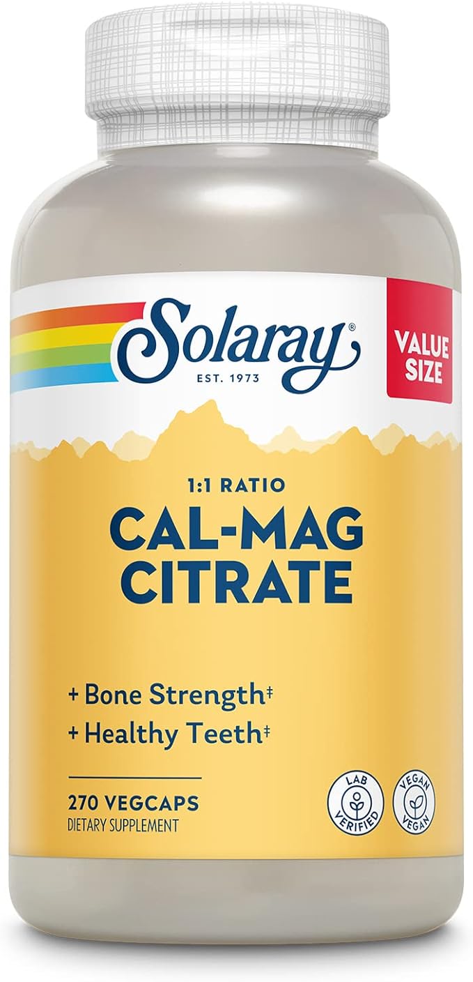 Solaray Calcium Magnesium Citrate 1000mg 1:1 Ratio, Bone Strength Supplement, Muscle, Nerve and Bone Health Support, Chelated for High Absorption, 60-Day Guarantee, 45 Servings, 270 VegCaps