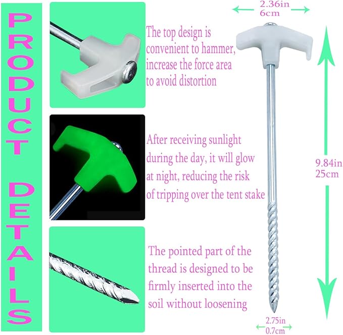 9.8-inch Fixed Tent Stake - Heavy Duty Luminous Tent Camping pop-up Tent Stake, Used for Outdoor Camping Tents, Canopies, courtyards, Gardens, Lawn Metal Stakes
