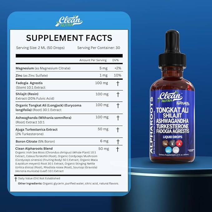 Tongkat Ali Liquid Drops Shilajit, Ashwagandha, Turkesterone, Fadogia Agrestis, Magnesium, Irish Sea Moss, and Zinc Herbal Supplement by Clean Nutra