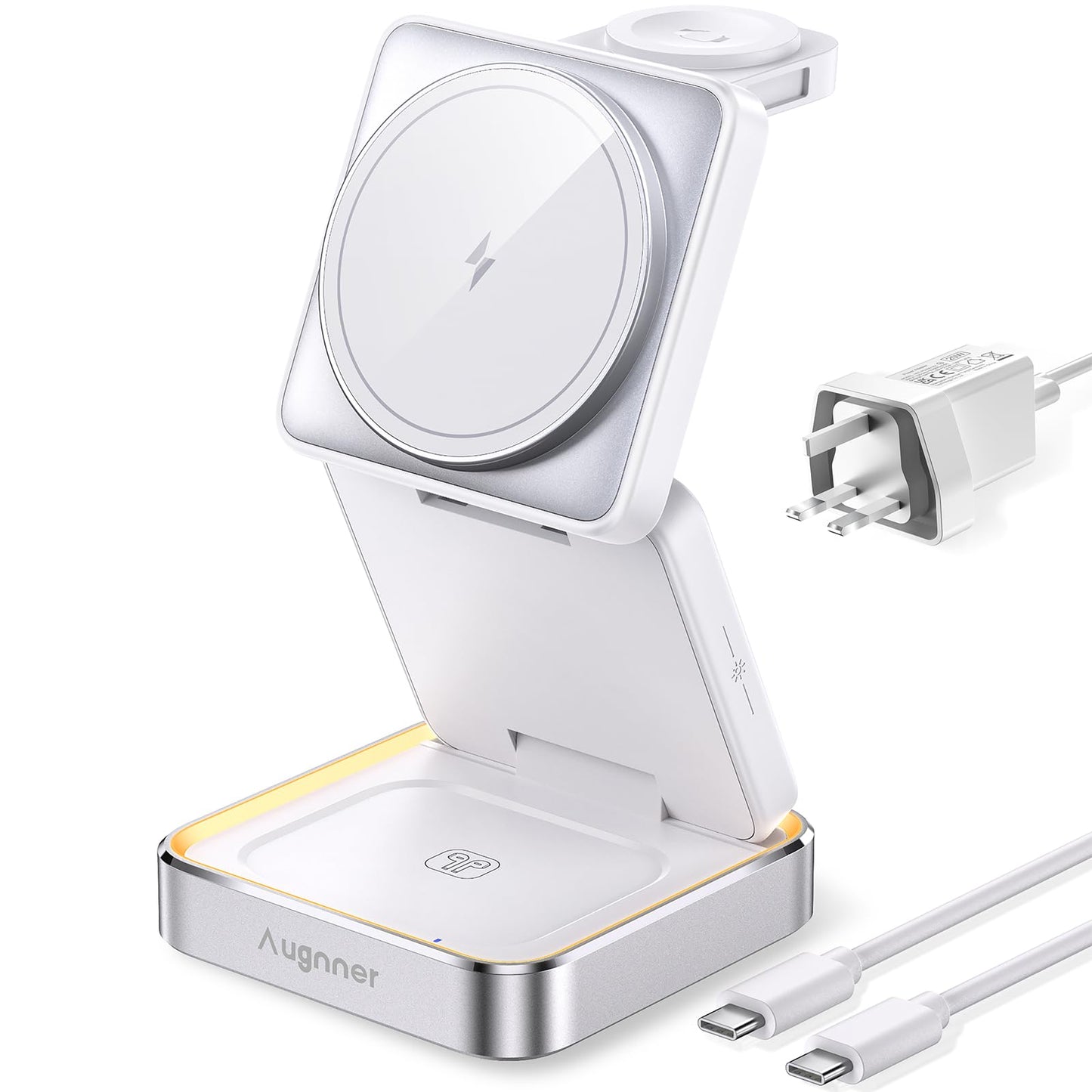 【2025 Upgraded】Magnetic Wireless Charger 3 in 1, Travel Foldable Wireless Charging Station with Night Light for Apple MagSafe Charger, Nightstand Fast 15W Charging Station (20W Adapter)