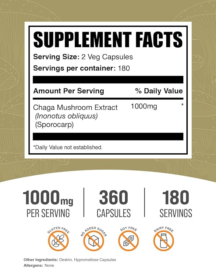BulkSupplements.com Chaga Mushroom Extract Capsules - Chaga Extract, Chaga Mushrooms - Vegan & Gluten Free, 2 Capsules per Serving (1000mg), 360 Count (Pack of 1)