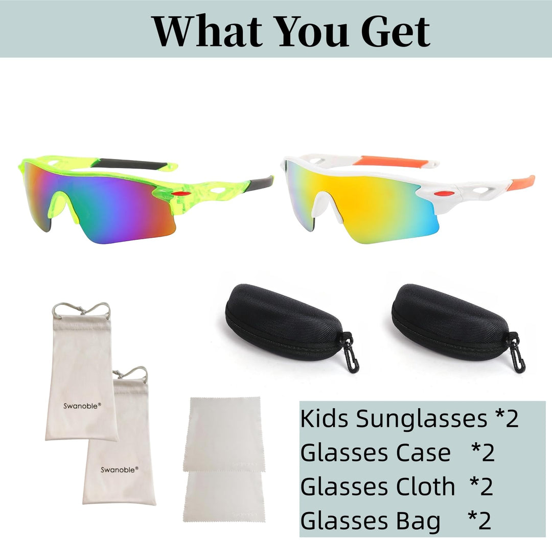 swanoble UV400 2 Sports Sunglasses for Kids Cycling,Light frame Sunglasses for Boys Girls,Youth Softball Baseball Golf (Transparent Green+White orange)