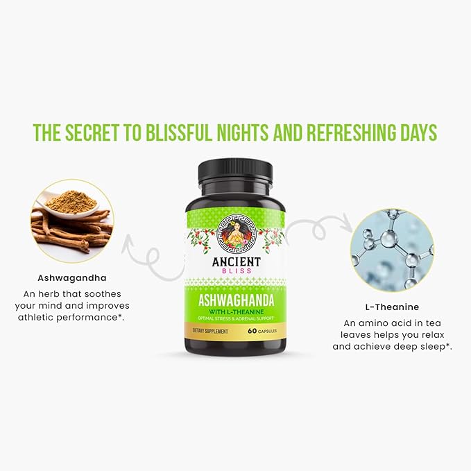 Ancient Bliss Ashwagandha with L-Theanine & Black Pepper Extract Capsules, Energy & Natural Mood Support Supplement, Focus Supplement for Adults