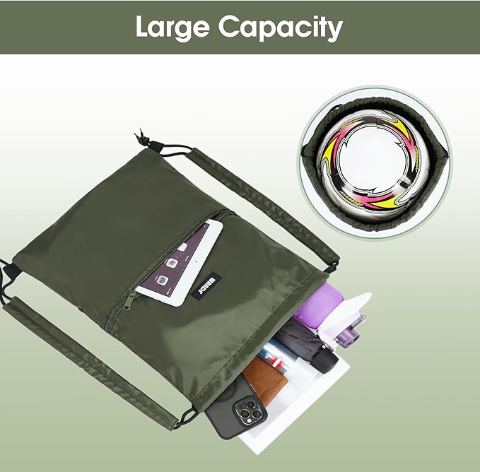 WANDF Drawstring Backpack Sports Gym Bag with Shoulder Pads Water Resistant String Bag Cinch Bag for Women Men (Dark Green)