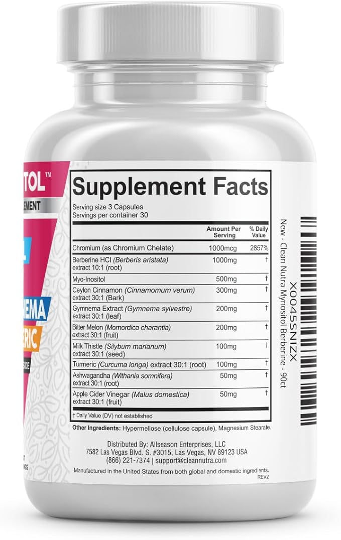 Clean Nutra Berberine Supplement with Ceylon Cinnamon, Bitter Melon, Inositol, Gynema Sylvestre, Milk Thistle, Turmeric Extract Berberis HCL Phytosome Capsules Vegan Supplements
