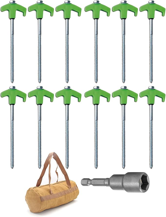 8" Screw in Tent Stakes - Ground Anchors Screw in, Screw in Tent Stakes Heavy Duty, Tent Pegs Camping Stakes, Metal Threaded Tent Spikes, Screw Tent Stakes with Hex Sleeves (12Pcs+Bag Green)