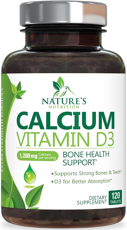 Calcium Supplement with Vitamin D - 1200 mg Calcium Carbonate with 1600 IU of D3 Vitamins - Supports Bone Strength, Teeth & Immune System - Natural & Easily Absorbable for Women & Men - 120 Tablets