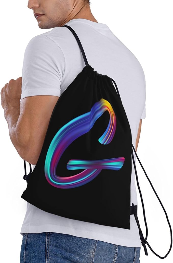 Drawstring Bags Initial Drawstring Backpack Sackpack Black Draw String Cinch Bags for Sports, Gym, Travel, Swimming, Beach, Camping, Rainbow Letter G