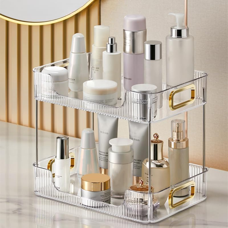 CESTATIVO Bathroom Counter Organiser, 2 Tier Vanity Tray, Cosmetic Makeup Storage Shelf, Bathroom Skincare Organiser Counter Shelf, Clear