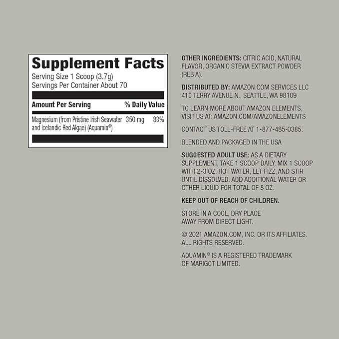 Amazon Elements Whole Food Magnesium Lemon Powder, 9.13 Ounce (Pack of 1) (70 servings)