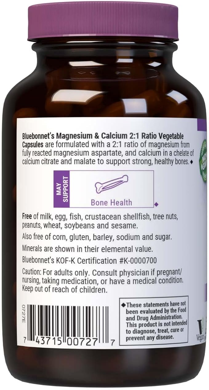 Bluebonnet Nutrition Magnesium & Calcium 2:1 Ratio, Bone Health*, Non-GMO, Vegan, Kosher Certified, Gluten-Free, Soy-Free, Dairy-Free, 90 Vegetable Capsules, 30 Servings