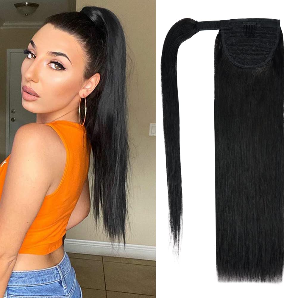 18'' Human Hair Ponytail Extension 85G #1 Jet Black 100% Remy Human Hair Wrap Around Long Ponytail Clip In Hair Extensions Strai