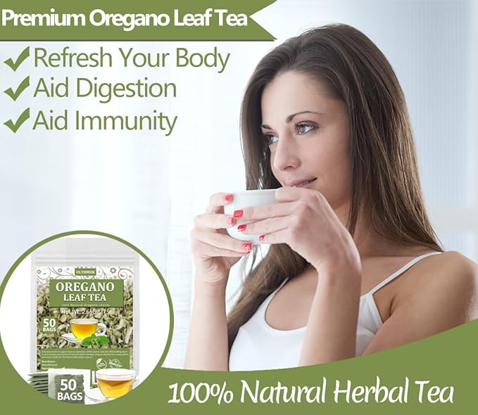 Premium 50 Oregano Tea Bags, Made with 100% Natural Oregano Leaves, No Additives & Caffeine Free.