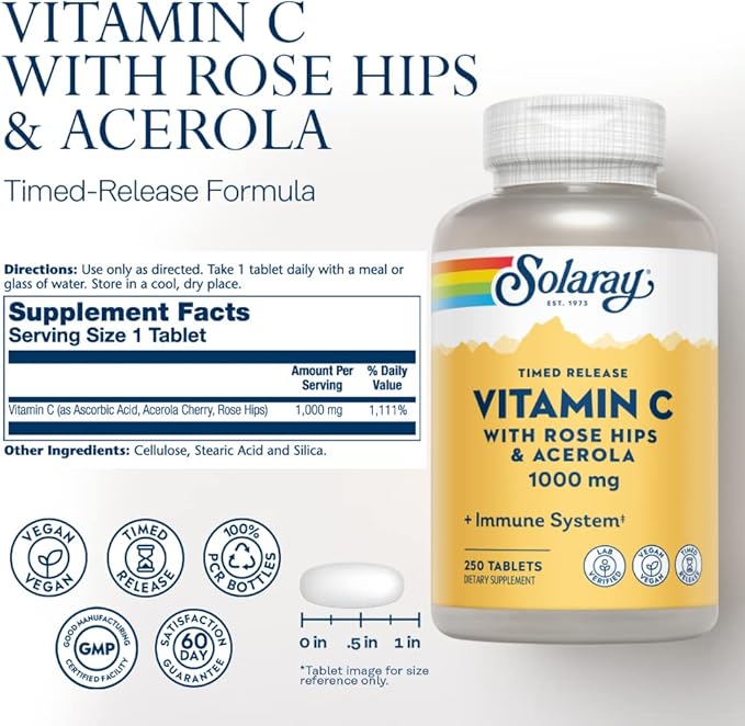 SOLARAY Vitamin C w/Rose HIPS & Acerola | 1000mg | Two-Stage Timed-Release Healthy Immune Function, Skin, Hair & Nails Support | Non-GMO | 250ct