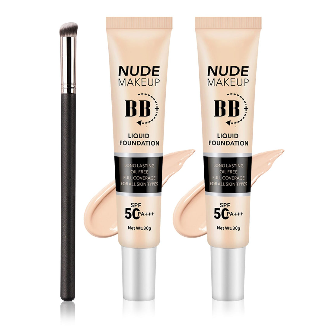 2PCS Full Coverage Concealer Foundation Set,Moisturizing BB Cream,Long Lasting Hydrating Lightweight CC Cream with Makeup Brush,Oil Control Face Moisturizer SPF 50 PA++++ Sunscreen（C）