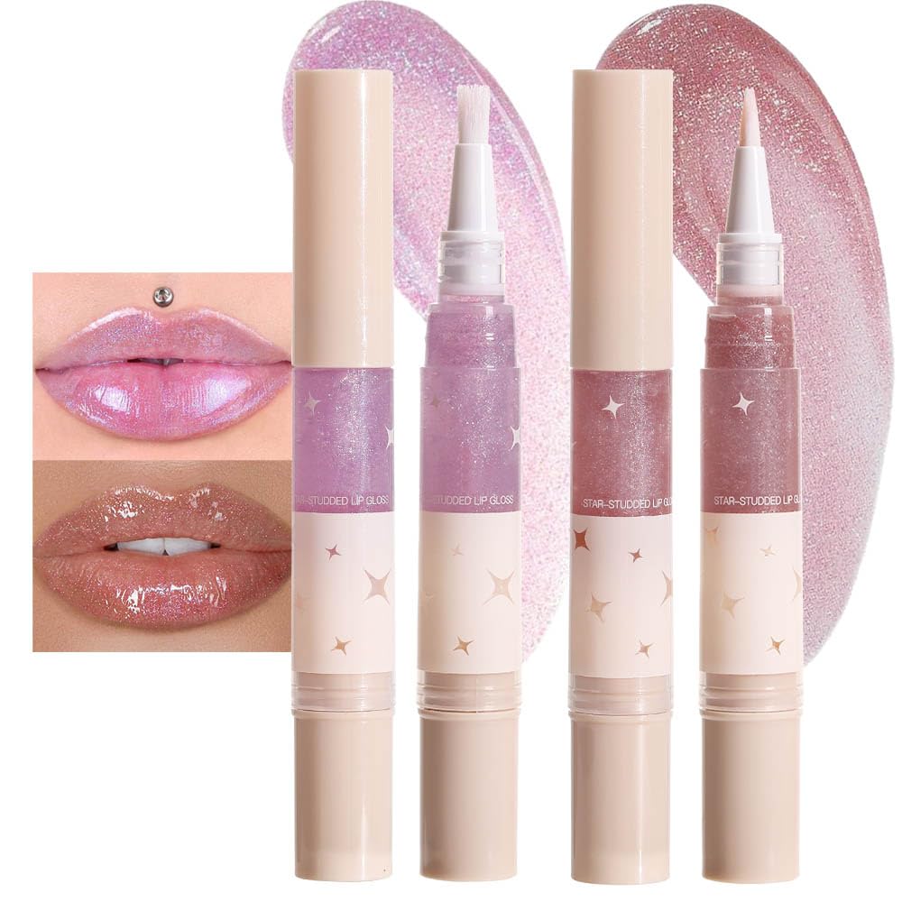 evpct 2Pcs Light Nude Pink Pearlescent Shine Shimmer Glitter Lipstick Lip Gloss, Metallic Sparkly Sparkle Glossy Lip Gloss Tint Stain Liquid Lipsticks Makeup Set for Women Long Lasting Waterproof 1+6