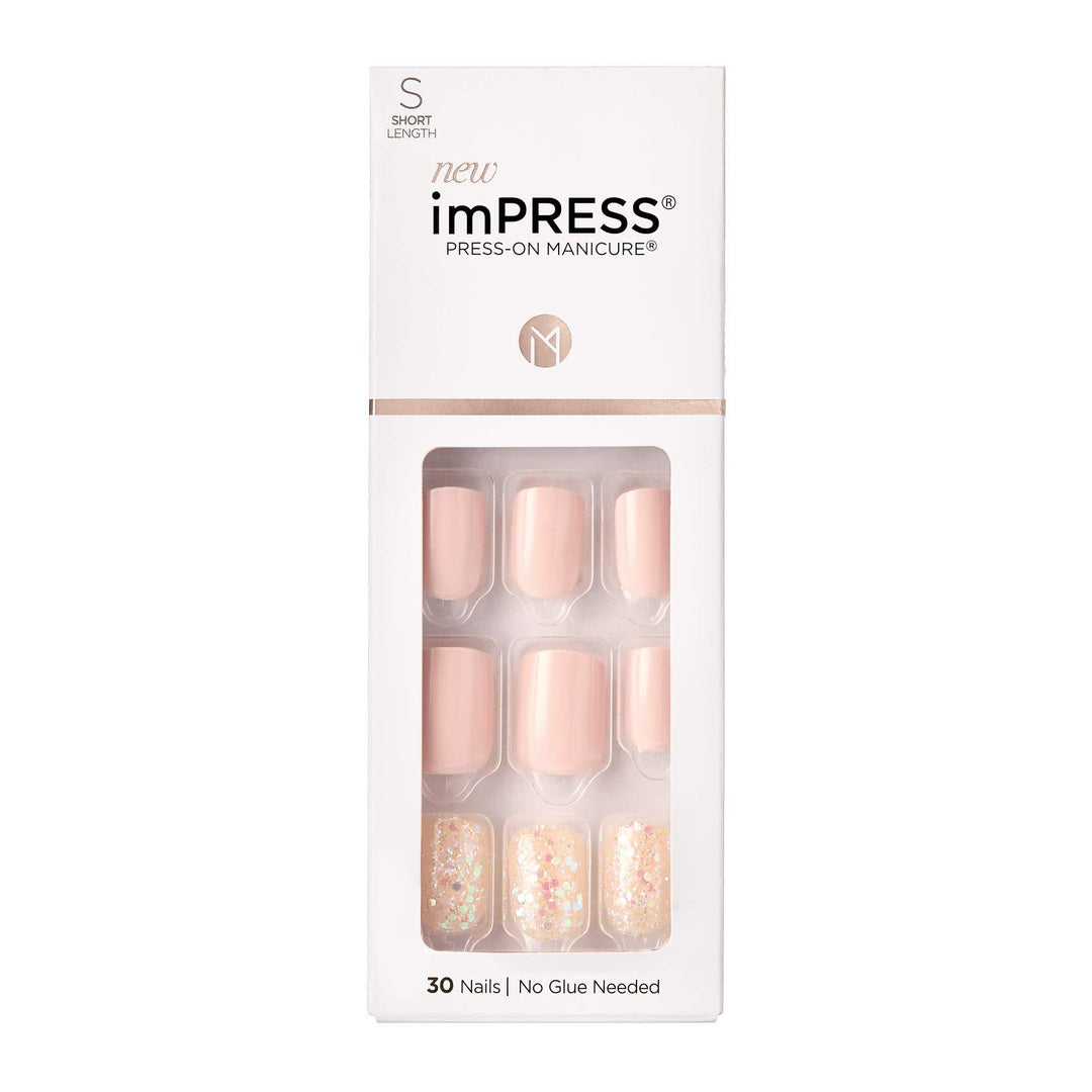 Kiss Impress No Glue Mani Press On Nails, Design, 'Dorothy', Pink, Short Size, Squoval Shape, Includes 30 Nails, Prep Pad, Instr