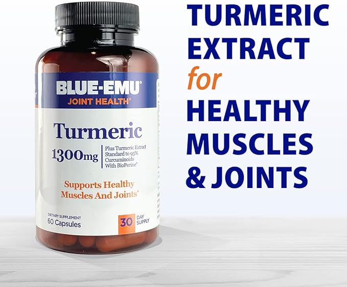 BLUE-EMU Joint Health Turmeric Extract Plus Bioperine Patented Black Pepper Extract for Enhanced Absorption,1,300 mg, 60 Capsules, 2 Pack