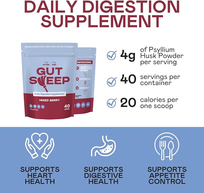 Gut Sweep - Daily Digestion Supplement - Psyllium Husk Fiber - Supports Appetite Control - Gluten Free & Plant Based - Keto & Paleo Friendly - 40 Servings - Mixed Berry