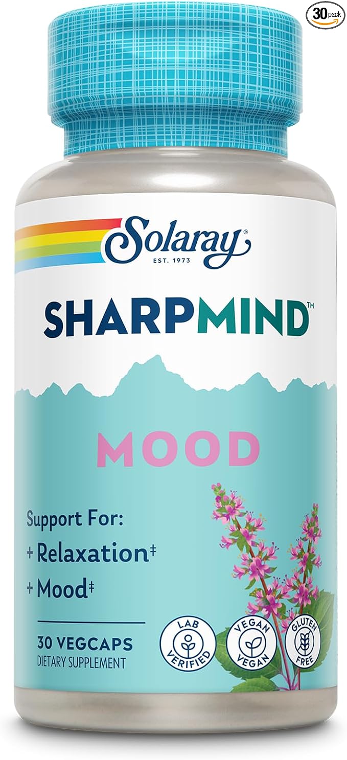 SOLARAY SharpMind Mood Support Supplement, Nootropic for Relaxation and Stress Relief, Zembrin, Holy Basil, Lithium 5mg, Organic Reishi Mushroom, 60 Day Guarantee, 30 Servings, 30 VegCaps