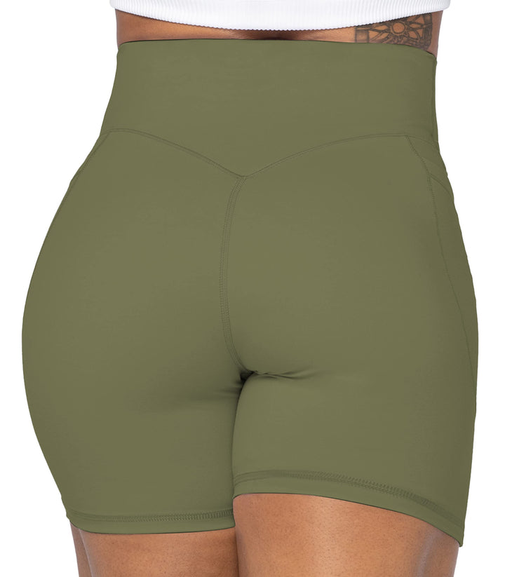 Sunzel No Front Seam Biker Shorts for Women with Pockets, Yoga Workout Gym Bike Shorts with Tummy Control 5" Olive Green X-Small