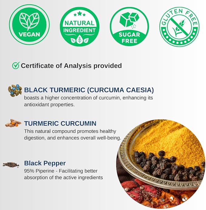 Black Turmeric, Curcumin with Black Pepper 1000mg - Turmeric Curcumin with Turmeric Black - Curcuma Caesia, Curcuma Longa, Black Pepper 95% Piperine - 60 Capsules 30 Servings