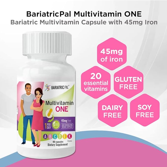 BariatricPal 90-Day Bariatric Vitamin Bundle (Multivitamin ONE 1 per Day! Capsule with 45mg Iron and Calcium Citrate Soft Chews 500mg with Probiotics - Caramel Apple)