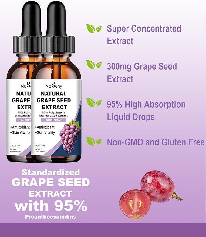 Grape Seed Extract Liquid Drops Standardized to 95% Polyphenols-300 mg Grape Seed Maximum Strength Standardized Tincture, High Absorption Liquid Vitis Vinifera Extract Drops -Non-GMO (2 Bottles)
