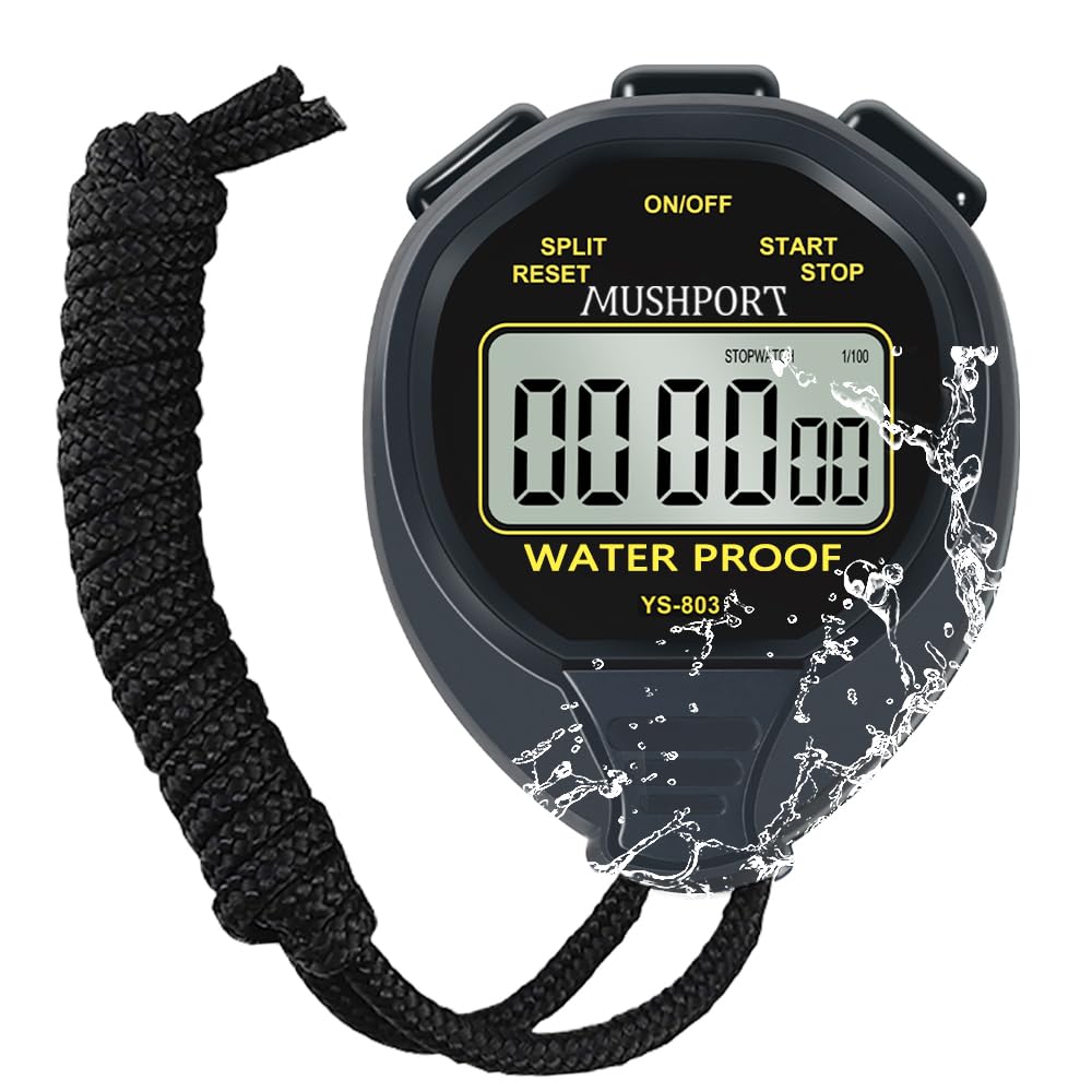 MUSHPORT Waterproof Stopwatch Timer with ON/Off, Silent Stopwatch Simple Operation No Clock No Date No Countdown, Digital Stop Watch for Sports Swimming Kids Coaches PE-Teacher, Black