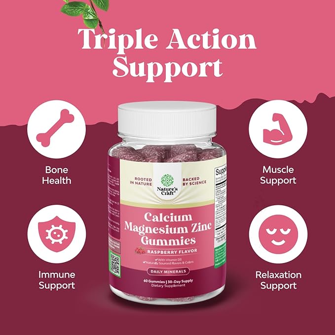 Calcium Magnesium Zinc Gummies - Magnesium Zinc Calcium Supplement Gummies with Vitamin D3 for Teeth and Bone Health - Certified Kosher Non-GMO Gelatin Free & Vegetarian Friendly (3 Month Supply)