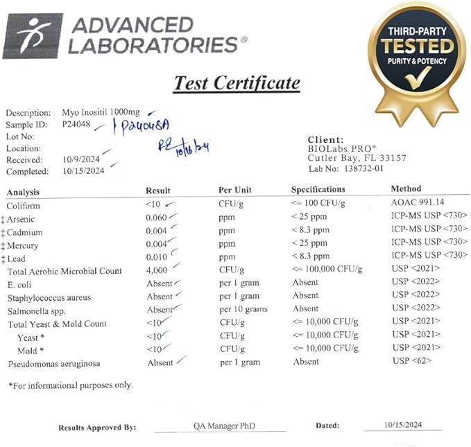 BIOLABS PRO Myo-Inositol Supplement 1000mg – Natural Dietary Support for Cellular Health & Wellness, Premium Non-GMO, Gluten-Free, Kosher Certified, Paraben-Free - (120 Caps - 2-Month Supply)