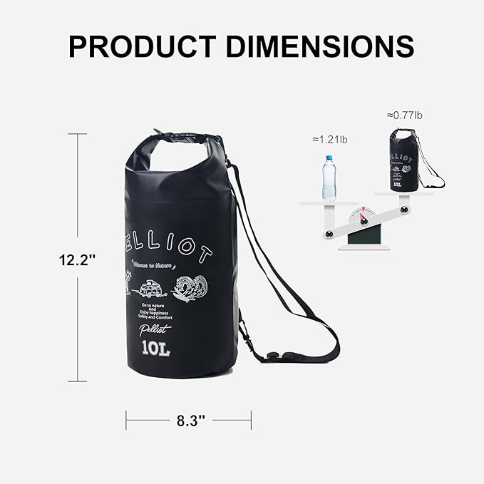 10L Waterproof Dry Bag Tough & Water-repellent Storage Bag with Adjustable Shoulder Strap Lightweight Portable Shoulder Dry Bags for Kayaking Boating Camping Black