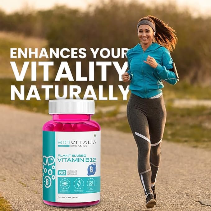 BIOVITALIA Vitamin B12 Capsules Methyl Cobalamin Supplement 1000mg Plant-Based Capsules - Support Nerve Function & Metabolism Enriched with Wheat Grass Spirulina Beetroot - 60 Vegan Caps
