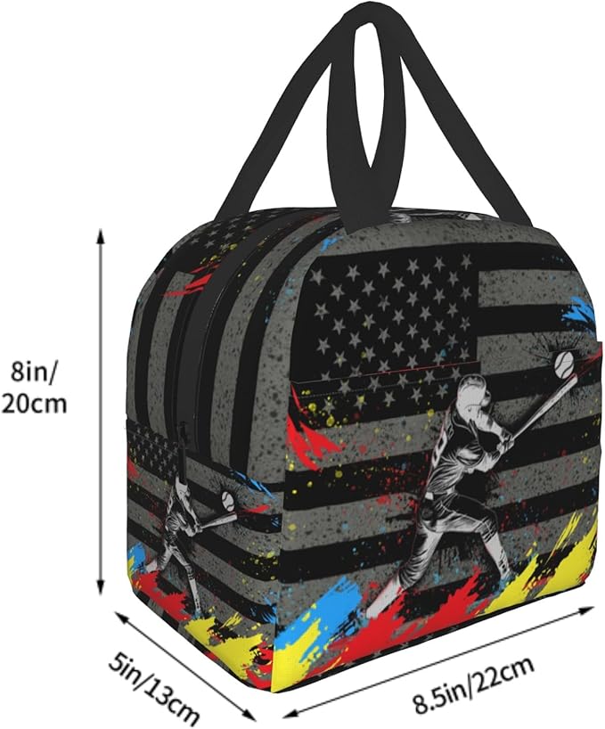 Baseball Player Lunch Bag for Sports Boys American Flag Reusable Insulated Lunch Tote Lunch Box Black Cooler Thermal Lunch Tote Bag for School Work Picnic