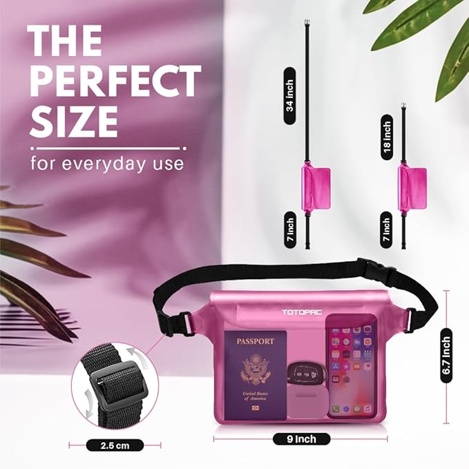 2-Pack Waterproof Fanny Pack, Phone Pouch with Waist Strap, 9x6.7 Inch Dry Bag for Phone, Cash, and Valuables – for Swimming, Kayaking, Boating, Snorkeling, and Water Sports (2, Pink + Blue)