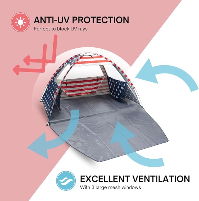 American Flag Portable Beach Tent Anti UV for 3-4 Person – Premium Beach Tent Sun Shelter with 3 Large Mesh Windows – Shade Tent for Camping Essentials - Beach Essentials for Women & Men (Easy Set up)