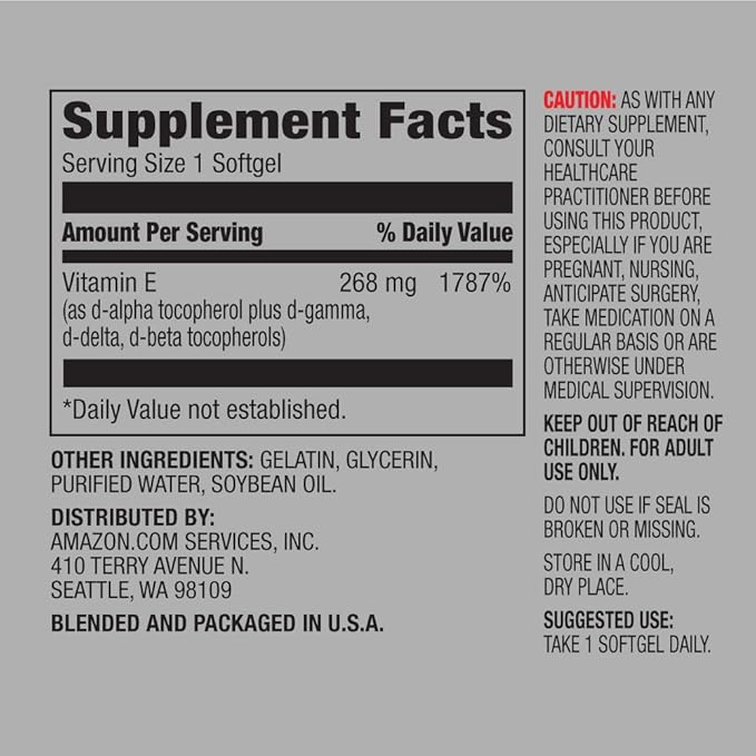 Amazon Elements Vitamin E, 400 IU, 100 Softgels, 100 Days of Supply (Packaging May Vary) (Pack of 2)