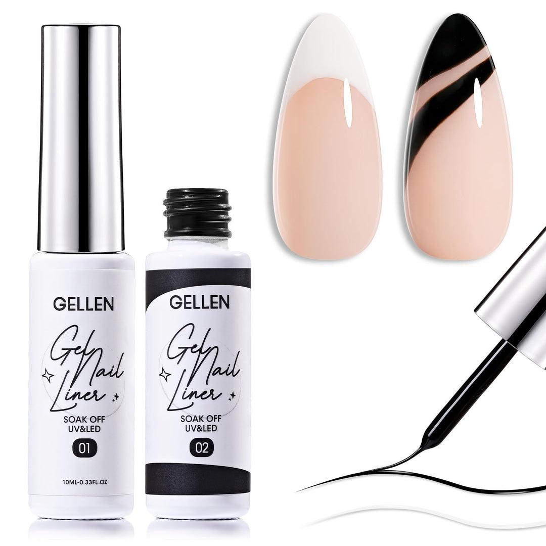 Gellen Gel Polish Liner Set Nail Art Black White Gel Nail Polish Soak Off Nail Lamp Liner Gel Polish With Thin Nail Art Brush 2