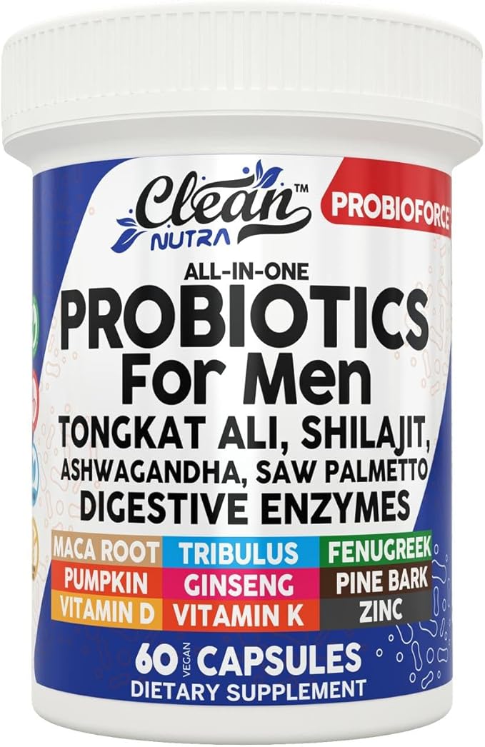 Clean Nutra Probiotics for Men | Tongkat Ali, Saw Palmetto, Tribulus, Ginseng, Ashwagandha, Maca, Pumpkin, Gingko Biloba, Pine Bark, Fenugreek, Shilajit, Zinc - Mens Probiotic 60 Capsules