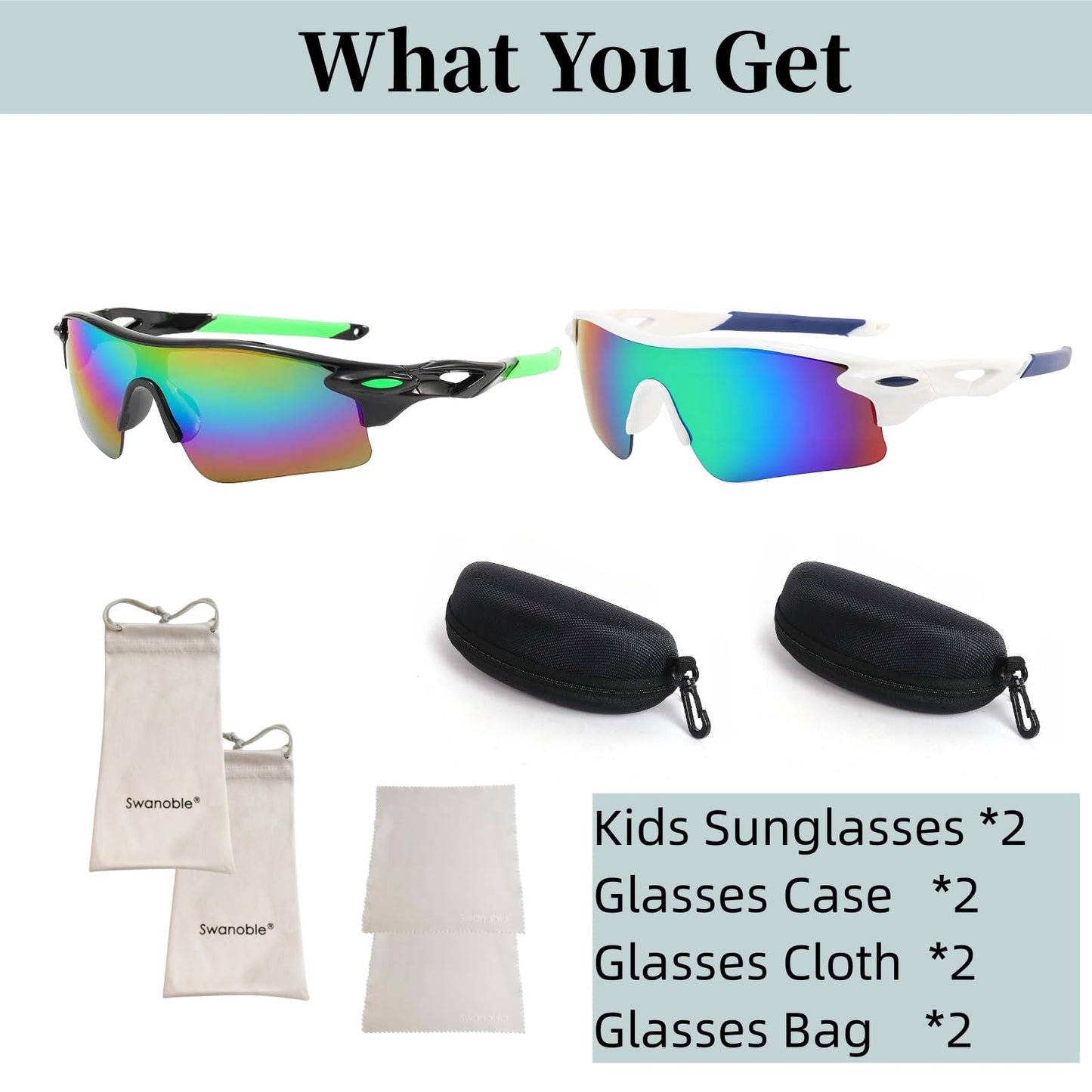 swanoble UV400 2 Sports Sunglasses for Kids Cycling,Light frame Sunglasses for Boys Girls,Youth Softball Baseball Golf (Black multicolored+White Blue)