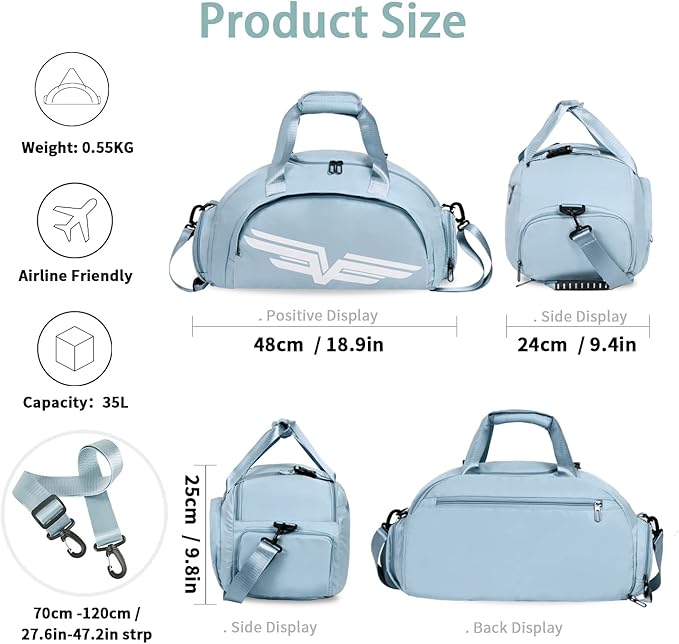 FIORETTO 30L Sports Gym Duffle Bag with Wet Pocket & Shoe Compartment, Weekender Hospital Overnight Bag for Women, Sports Holdall Backpack