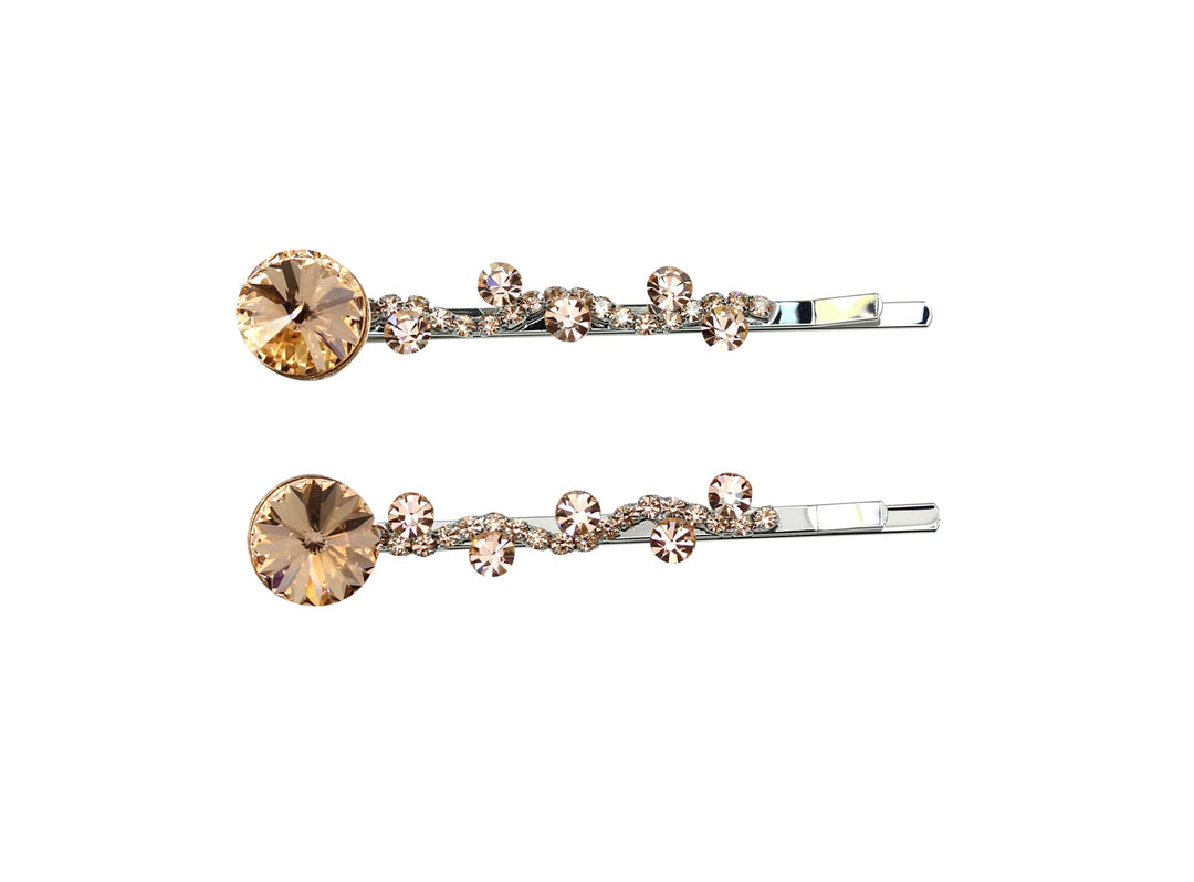 Faship A Pair Of Champagne Premium Rhinestone Crystal Floral Hair Clips 2 Pcs Pins - Champagne